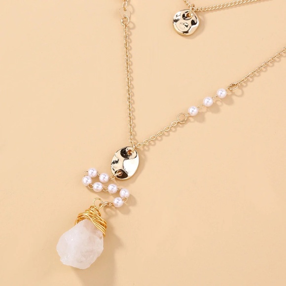 Elegant Layered White Agate Gold Wrapped Pendant With Accent Dainty Pearls - Picture 4 of 8
